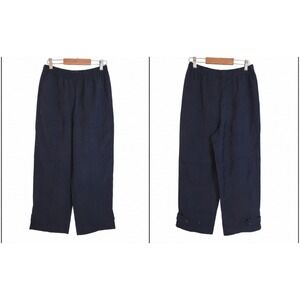 Zara Navy Blue Wide Leg Cropped Pants Button Hem Pull On Waist XS Casual Coastal